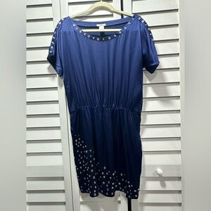 Caché Silk Blue Dress with Gold Accents